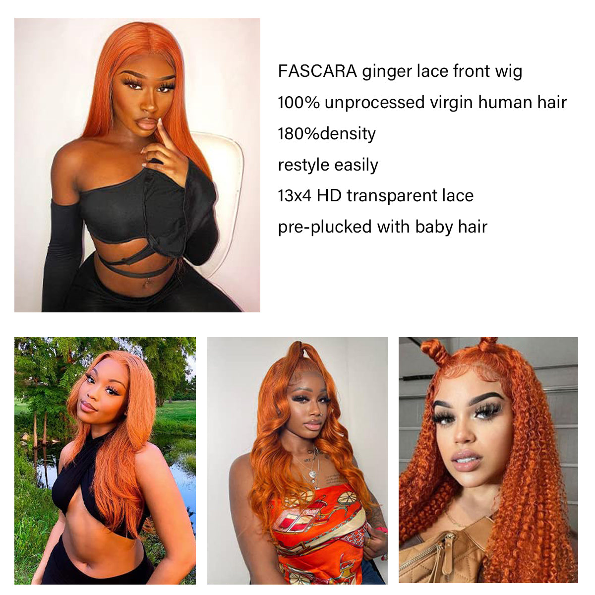 Orange 13x4 Straight Lace Front Wigs Human Hair Pre Plucked with Baby Hair 180% Density