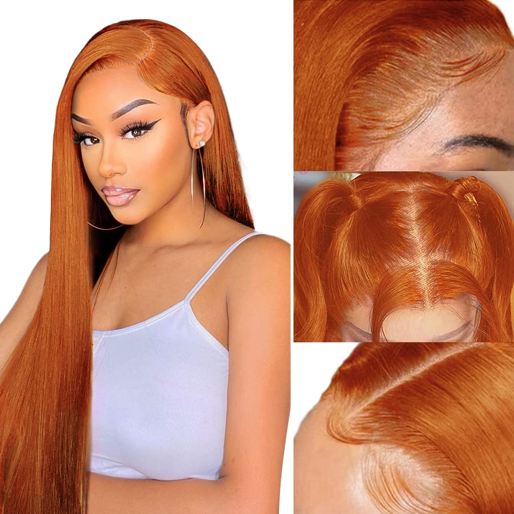 Orange 13x4 Straight Lace Front Wigs Human Hair Pre Plucked with Baby Hair 180% Density