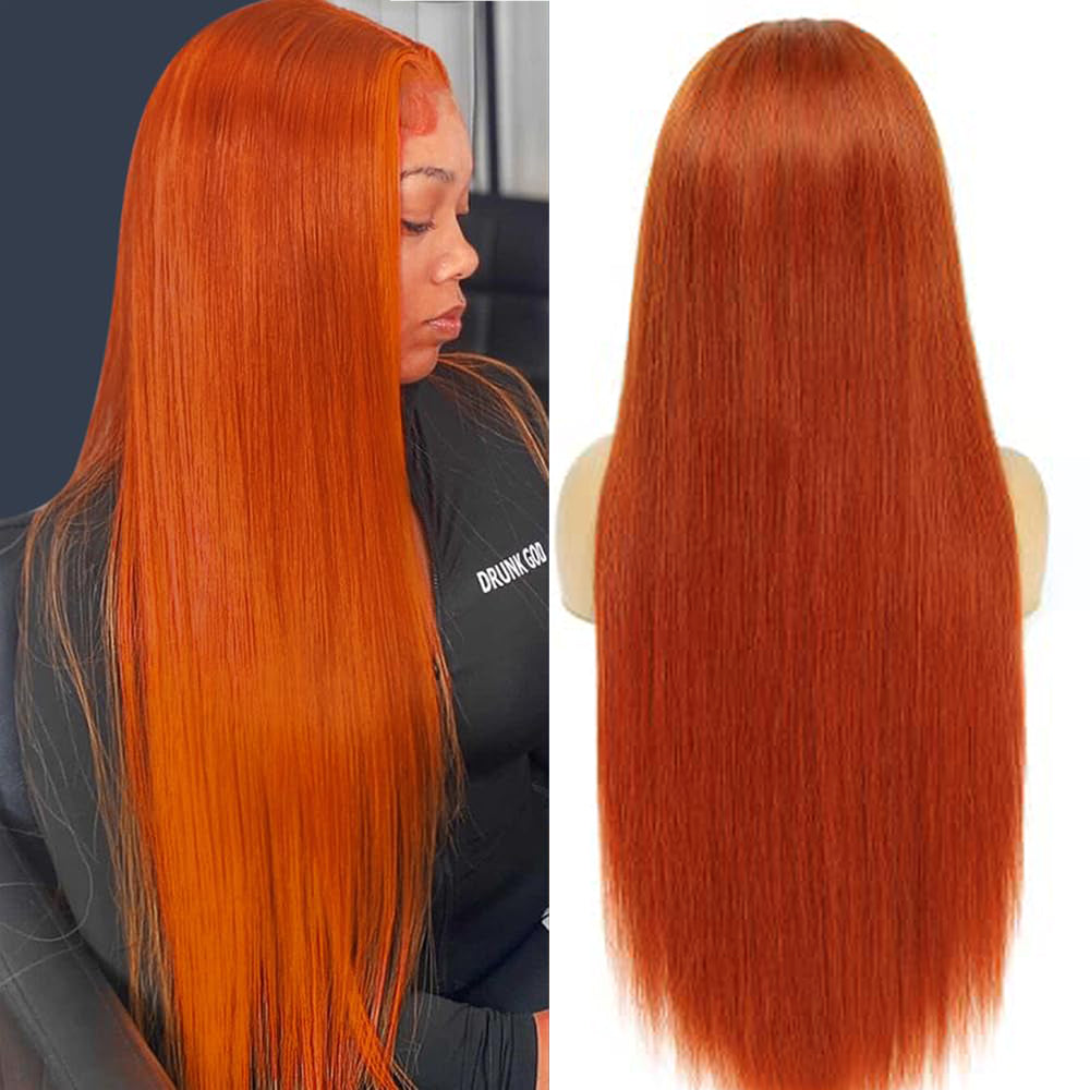 Orange 13x4 Straight Lace Front Wigs Human Hair Pre Plucked with Baby Hair 180% Density