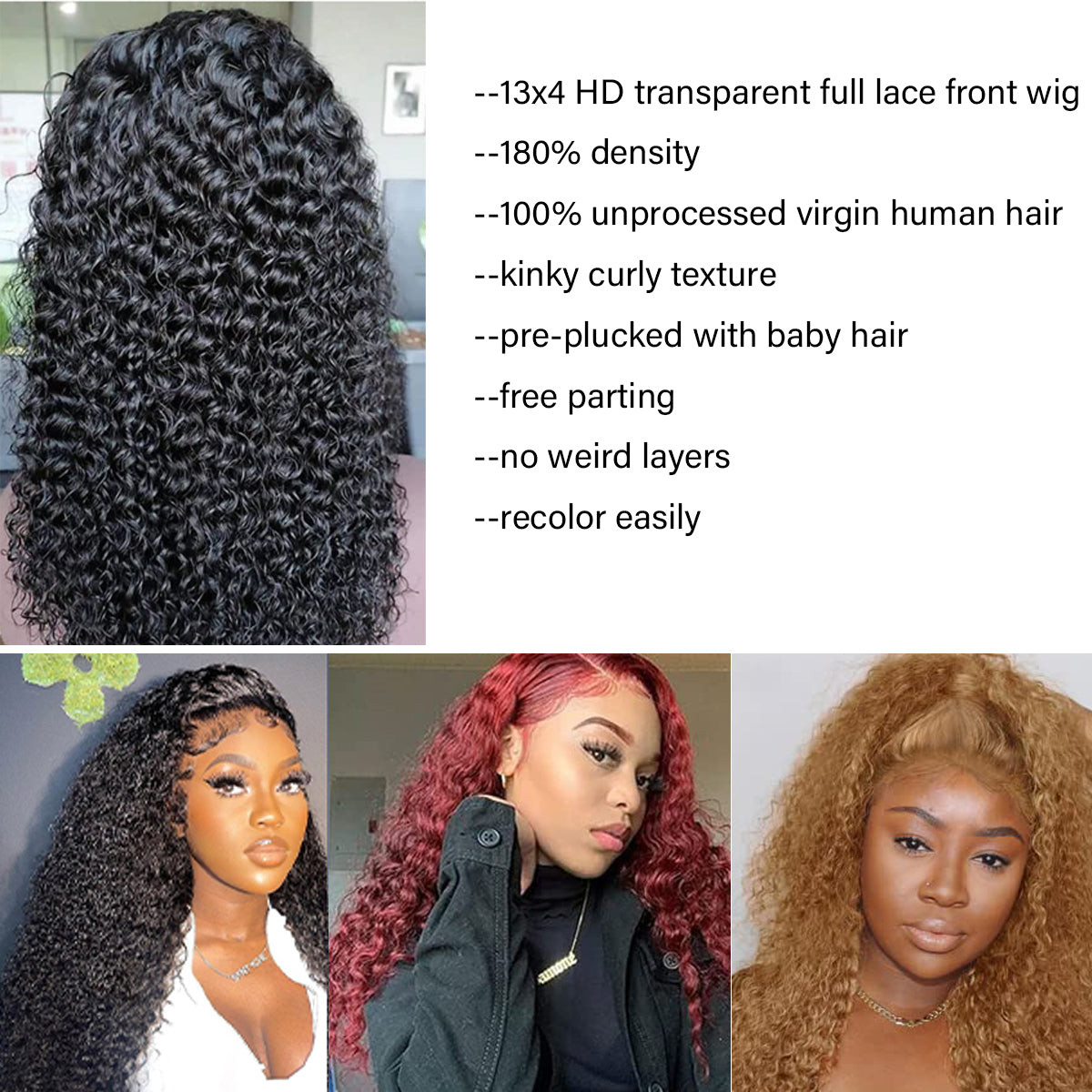 Curly Lace Front Wig Human Hair 13x4 HD Transparent Lace Frontal Wig Curly Hair 180 Density Pre Plucked With Baby Hair Free Part kinky Curly Wigs Human Hair For Black Women Natural Color