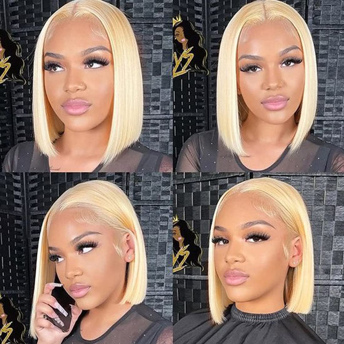 13X4 Straight Lace Frontal Bob Wig Human Hair Pre Plucked Free Part 180 Density 613 Blonde