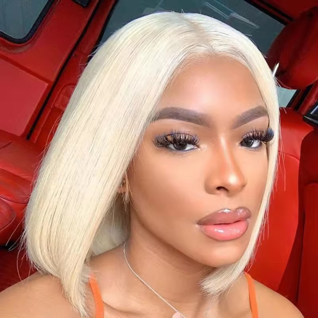 13X4 Straight Lace Frontal Bob Wig Human Hair Pre Plucked Free Part 180 Density 613 Blonde