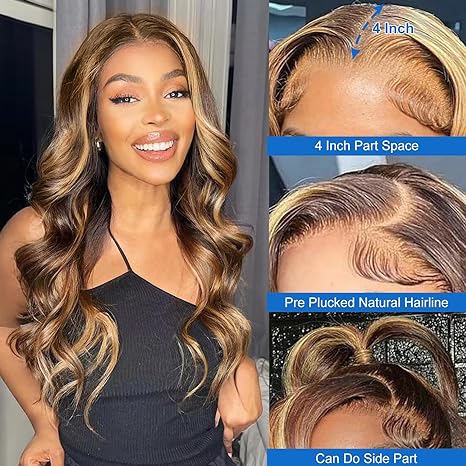 FASCARA Highlight Body Wave Human Hair Wigs for Women 13x4 Lace Front Wig Transparent Lace Frontal Wigs Honey Blonde Lace Front Wig Pre Plucked with Baby Hair