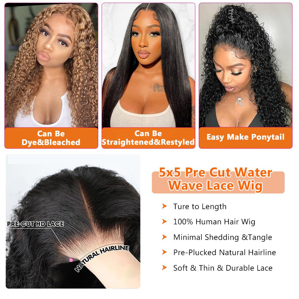 180 Density 5x5 HD Transparent Water Wave Lace Front Wigs Human Hair Pre Plucked with Baby Hair