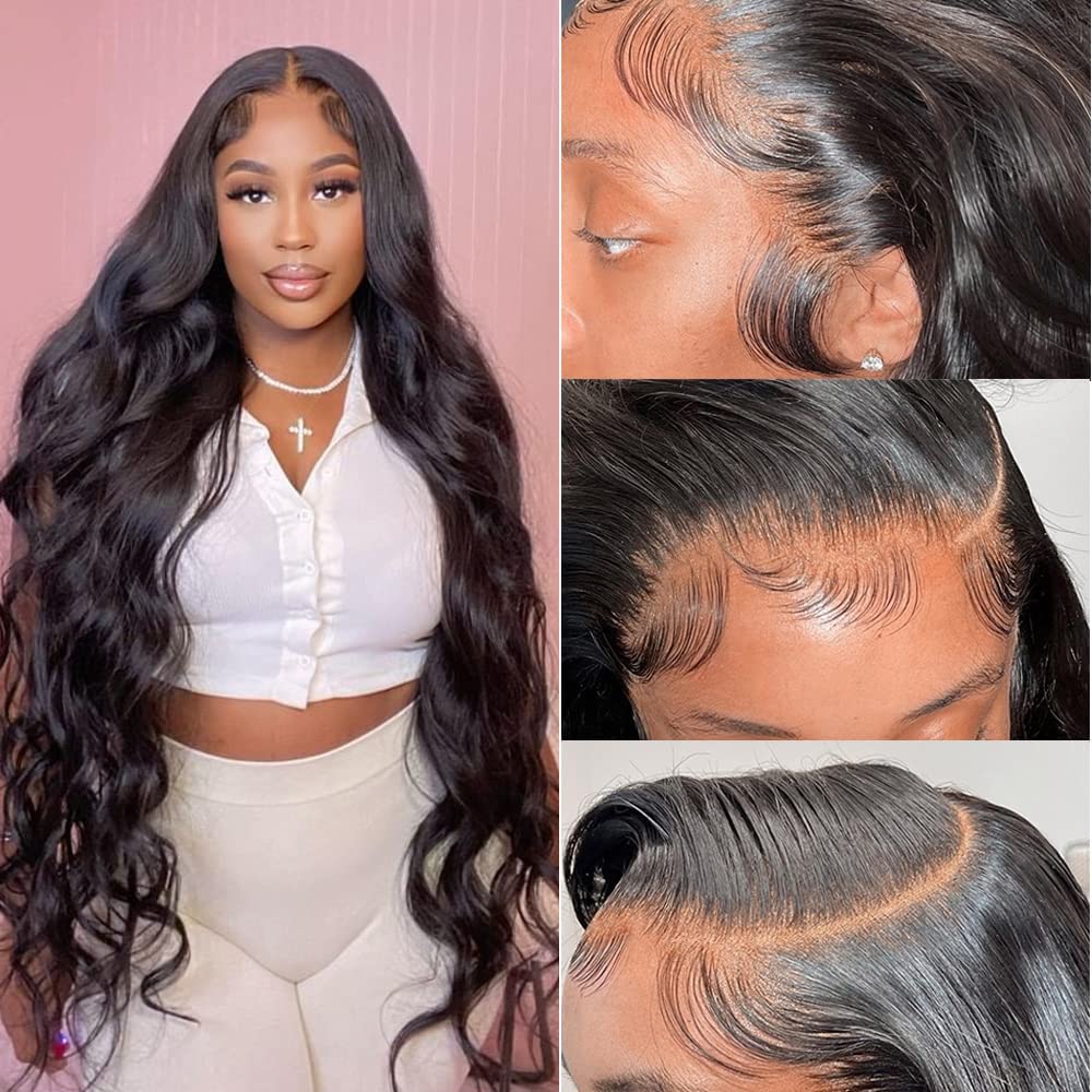 FASCARA Body Wave Lace Front Wigs Human Hair 13x4 HD Transparent Lace Frontal Wig Pre Plucked with Baby Hair 180% Density Brazilian Wigs for Black Women Natural Color