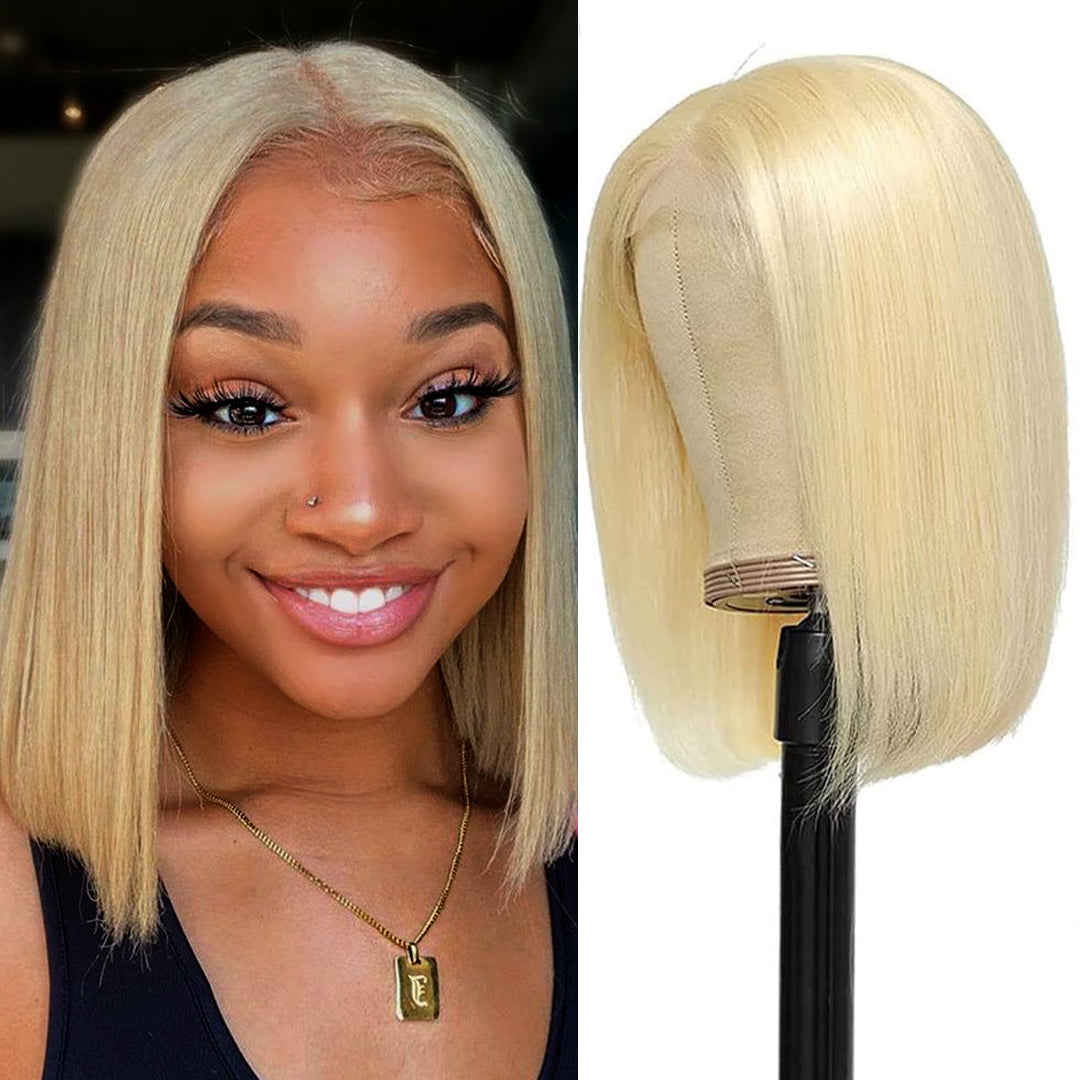 13X4 Straight Lace Frontal Bob Wig Human Hair Pre Plucked Free Part 180 Density 613 Blonde
