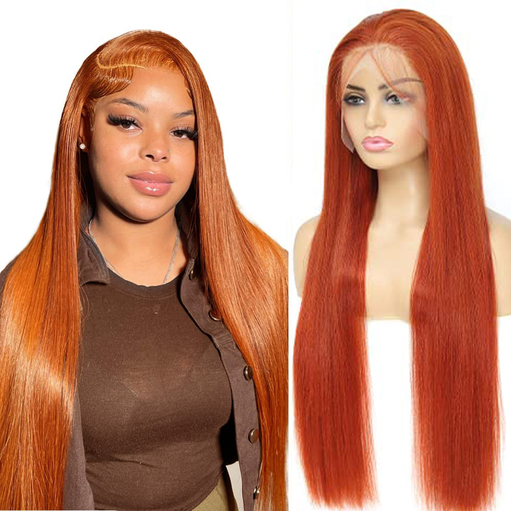 Orange 13x4 Straight Lace Front Wigs Human Hair Pre Plucked with Baby Hair  180% Density