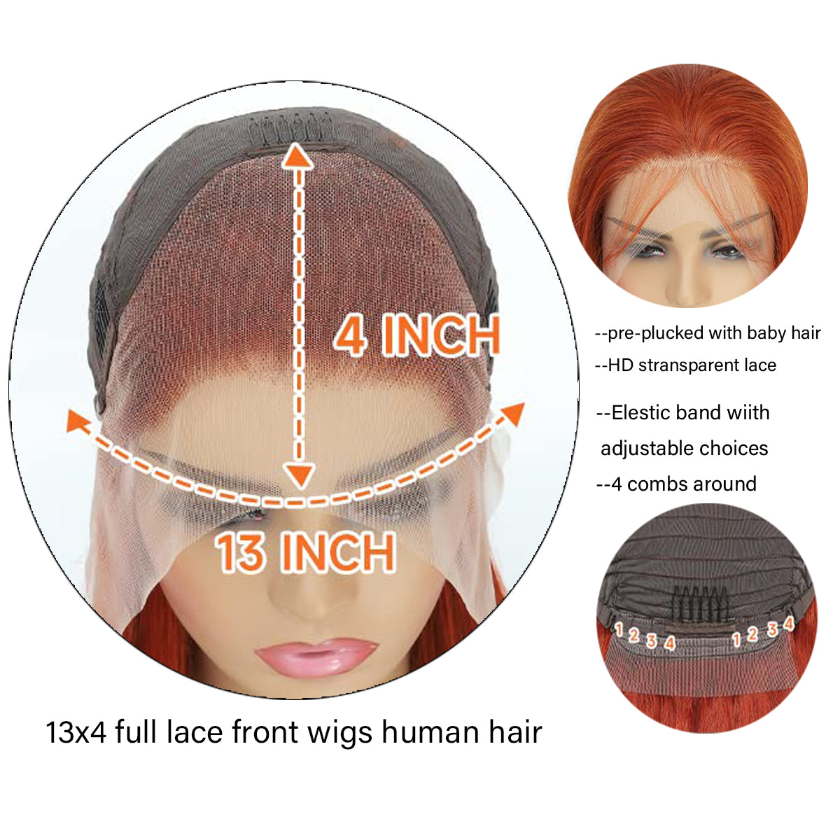 Orange 13x4 Straight Lace Front Wigs Human Hair Pre Plucked with Baby Hair  180% Density