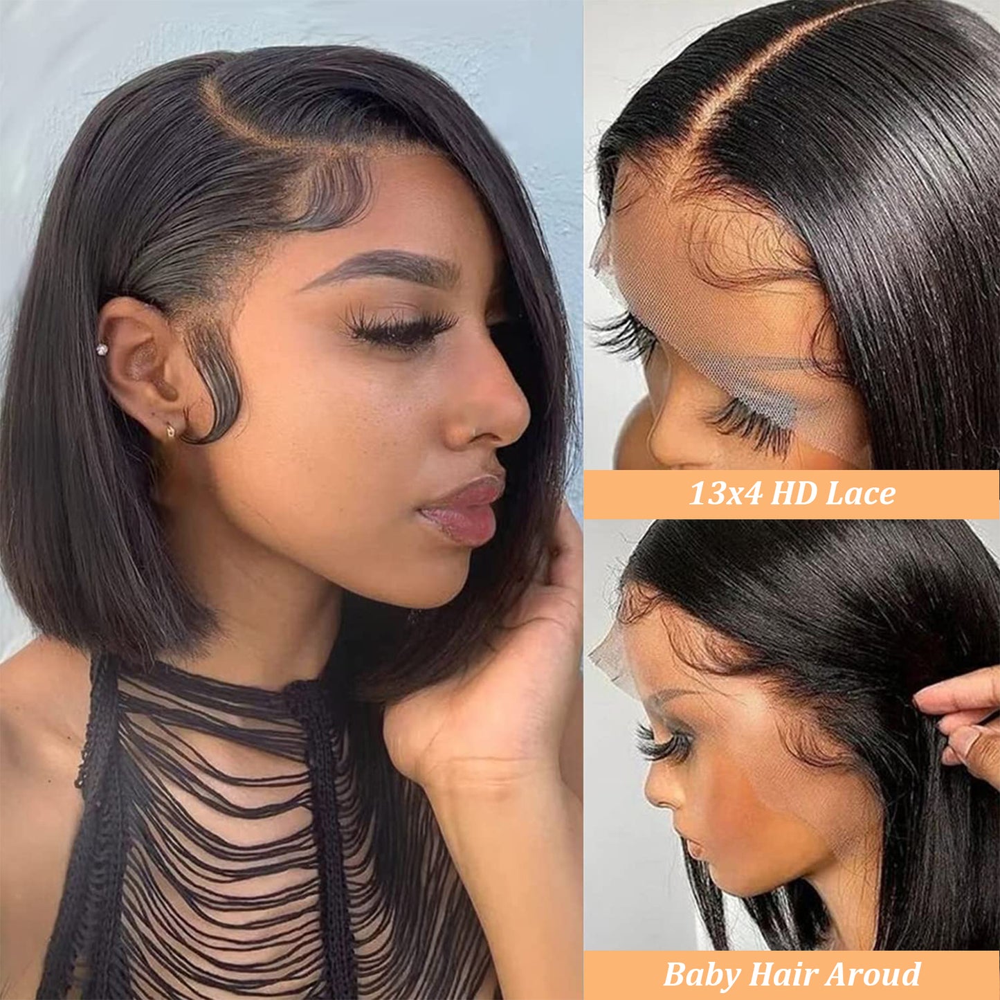 Bob Wig Human Hair 13x4 HD Lace Front Wigs for Black Women Human Hair Side Part Frontal Bob Wig, Short Human Hair Wigs for Black Women Pre Plucked 180% Density