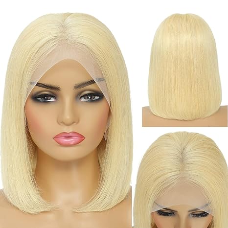 13X4 Straight Lace Frontal Bob Wig Human Hair Pre Plucked Free Part 180 Density 613 Blonde