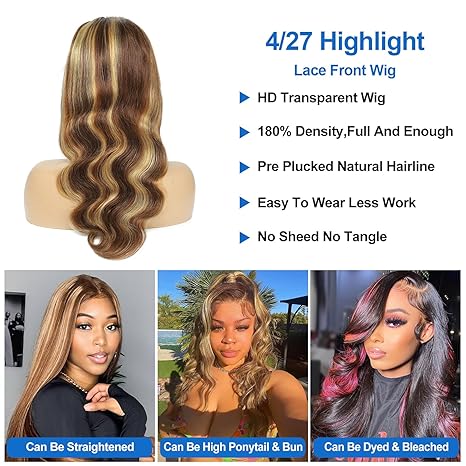 FASCARA Highlight Body Wave Human Hair Wigs for Women 13x4 Lace Front Wig Transparent Lace Frontal Wigs Honey Blonde Lace Front Wig Pre Plucked with Baby Hair