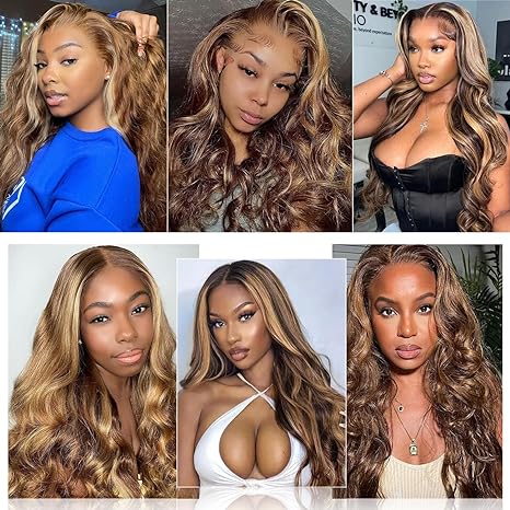 FASCARA Highlight Body Wave Human Hair Wigs for Women 13x4 Lace Front Wig Transparent Lace Frontal Wigs Honey Blonde Lace Front Wig Pre Plucked with Baby Hair