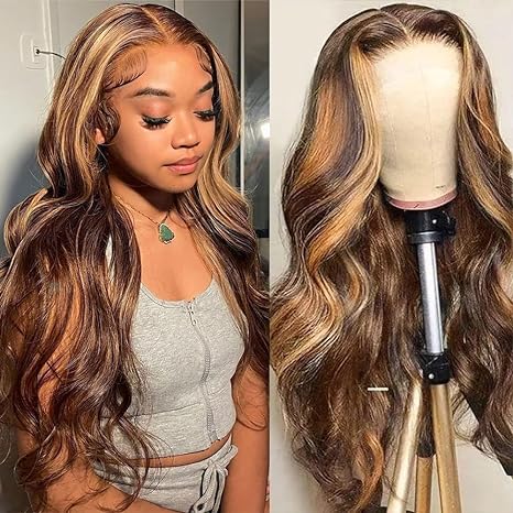 FASCARA Highlight Body Wave Human Hair Wigs for Women 13x4 Lace Front Wig Transparent Lace Frontal Wigs Honey Blonde Lace Front Wig Pre Plucked with Baby Hair
