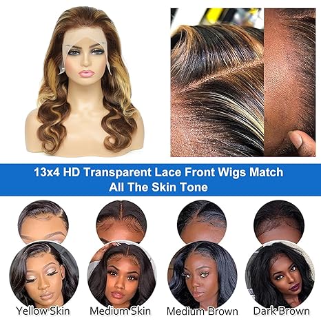 FASCARA Highlight Body Wave Human Hair Wigs for Women 13x4 Lace Front Wig Transparent Lace Frontal Wigs Honey Blonde Lace Front Wig Pre Plucked with Baby Hair