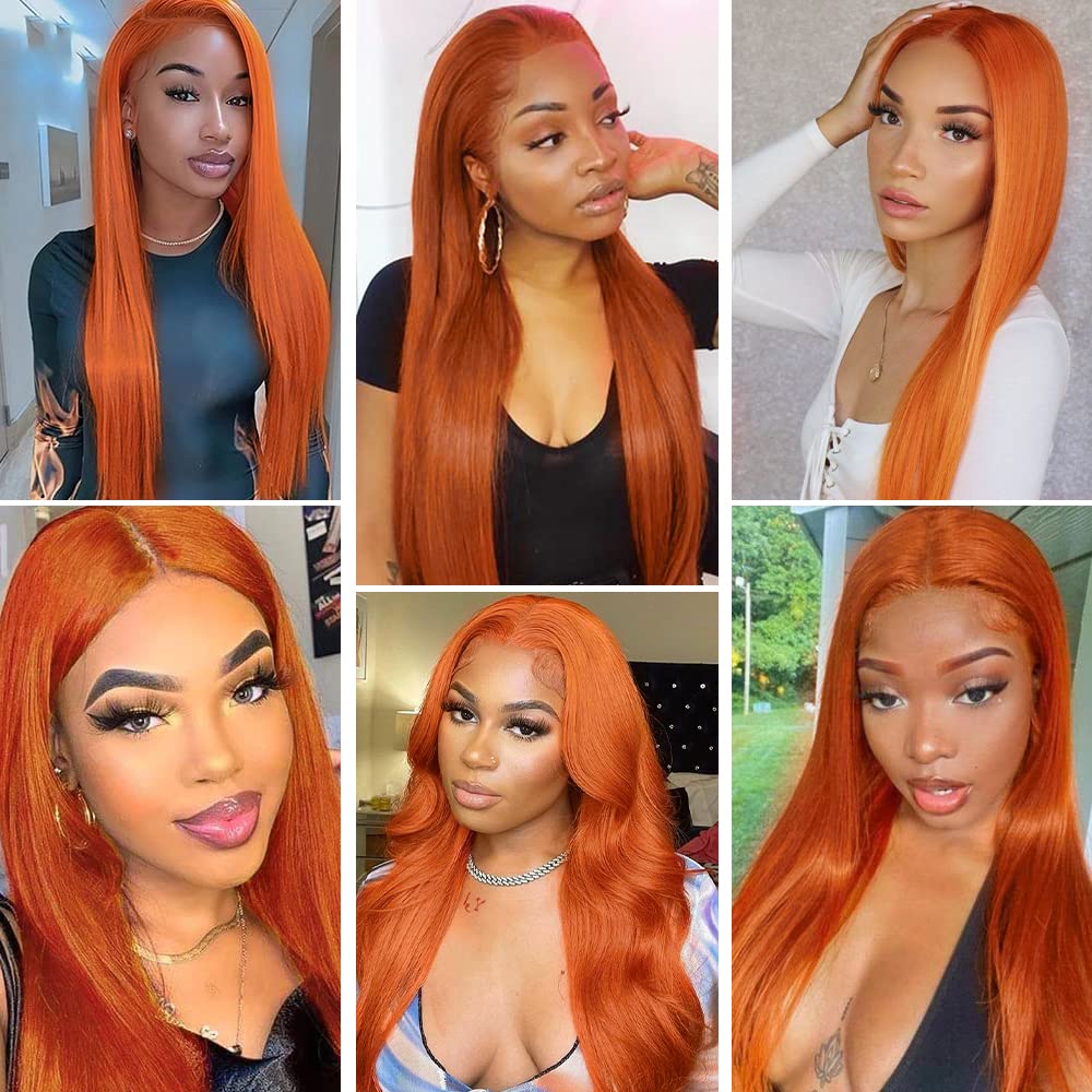Orange 13x4 Straight Lace Front Wigs Human Hair Pre Plucked with Baby Hair  180% Density